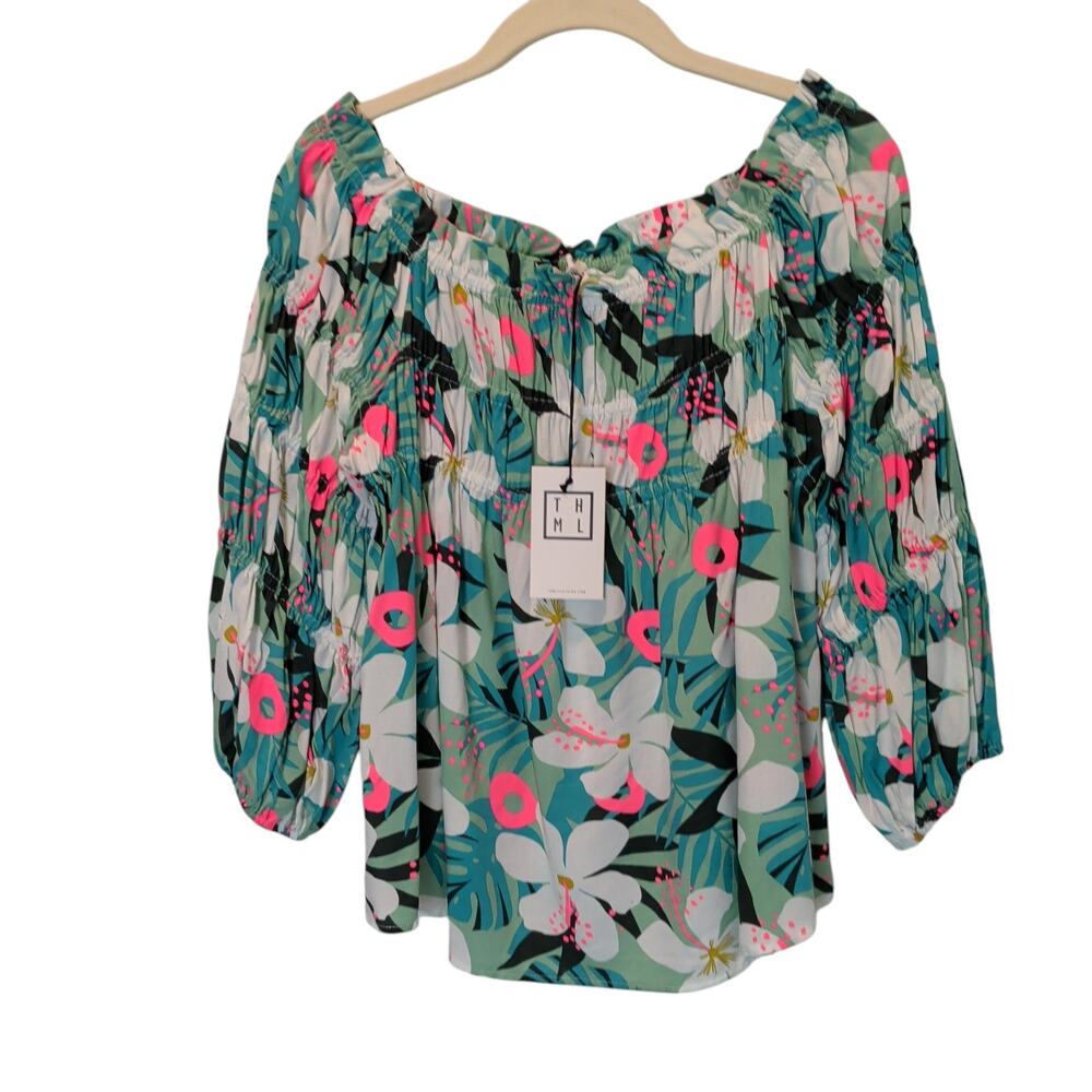 NWT THML Evereve Sz S Tropical Garden Off Shoulder Floral Peasant Top Smocked
